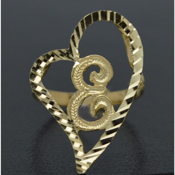 Real 10K Solid Yellow Gold Women Heart Initial Letter Ring 27mm A-Z Sizes 4-9 - Picture 1 of 6